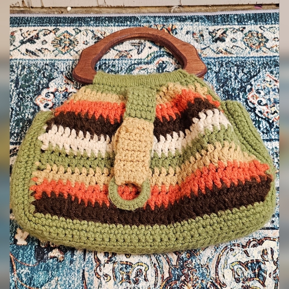 Vintage Handmade Crocheted Handbag with Wood Handle, Corduroy Lining